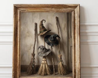 Wydruk z kapeluszami i miotłami czarownic w stylu vintage, rustykalna dekoracja ścienna na Halloween, wystrój czarownicy w stylu cottagecore, nastrojowy wydruk na Halloween, pobieranie cyfrowe