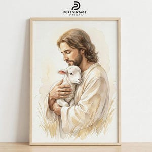 Jesus Holding Lamb Watercolor Print: Good Shepherd Faith Illustration (Digital Download)
