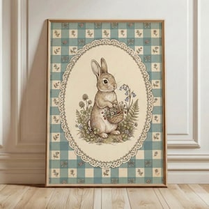 Easter Bunny Wall Art Print: Blue Gingham Cottagecore Nursery Decor, Spring Printable Vintage Rabbit Illustration, Digital Download