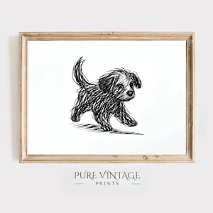 May include: A framed print featuring a sketch of a small dog in black ink on a white background. The dog is depicted in a walking pose with a fluffy tail. The words "PURE VINTAGE PRINTS" are printed at the bottom.