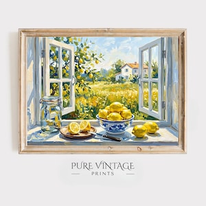 May include: A framed painting depicts a sunlit scene through an open window. A bowl of lemons sits on a windowsill, alongside a jar and a plate with lemon slices. The window reveals a yellow field and a distant house.