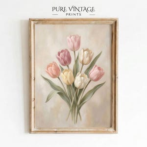 Vintage Spring Printable Wall Art: Muted Farmhouse Tulips Print | Neutral Easter Decor | Botanical Wall Art | Floral Painting for Spring