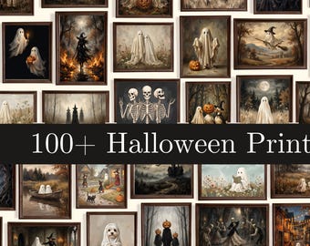Mega pakiet ponad 100 nadruków na Halloween, upiorne dekoracje jesienne, gotycka galeria ścienna, mroczne, nastrojowe grafiki do pobrania