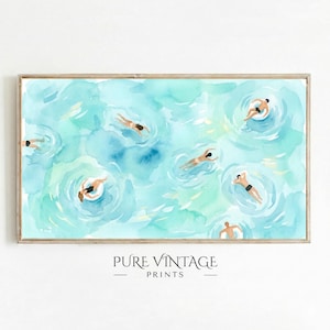 May include: A horizontal watercolor print featuring an aerial view of people swimming in turquoise water. Several individuals are shown floating or swimming, some using white circular pool floats, against a backdrop of swirling blue and green hues.