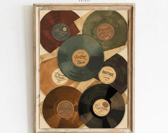 May include: Framed print featuring a collection of vintage vinyl records in various colors, including brown, green, and black. Each record has a label with text. The print is set against a neutral background and framed in a light-colored wooden frame.