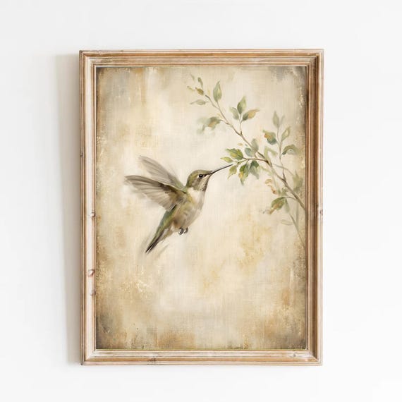 Vintage Hummingbird Print: Cottagecore Spring Wall Art | Botanical Bird Painting | Shabby Chic Decor | Farmhouse decor (Digital Download)