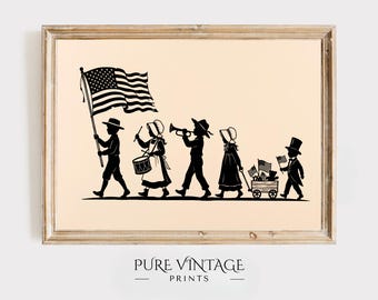 Lámina artística vintage con siluetas de desfile infantil patriótico, ilustración nostálgica americana, decoración del 4 de julio, arte para guardería, descarga digital.