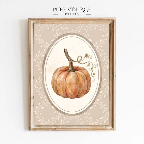 Vintage Watercolor Pumpkin Print, Neutral Fall Wall Art, Cottagecore Autumn Botanical Decor, Shabby Chic Cameo Thanksgiving Digital