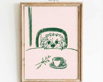 Sneaky Dog Kitchen Print Abstract Coffee Wall Art Funny Dinner Decor Modern Animal Puppy Sketch Breakfast Poster Digital download