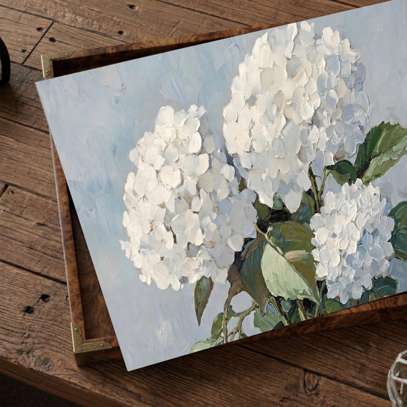 Cuadro de hortensias azules, arte floral para pared, póster botánico, decoración de verano para el hogar, arte de pared estilo granja francesa, arte de pared azul claro imagen 8