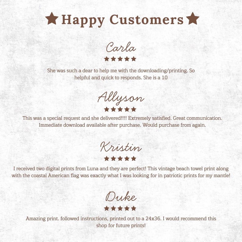 Może przedstawiać: Grafika z opiniami klient&oacute;w zatytułowana Happy Customers z brązowym tekstem na jasnoszarym, teksturowanym tle. Przedstawia cztery pięciogwiazdkowe recenzje od Carli, Allyson, Kristin i Duke'a, opisujące ich doświadczenia z wydrukami cyfrowymi.