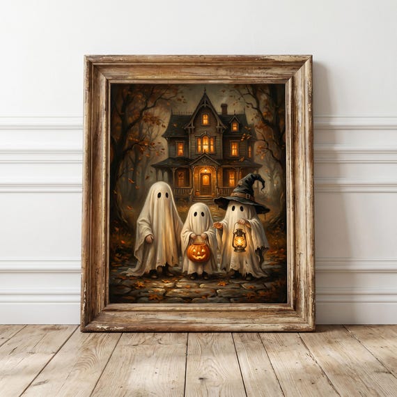 Vintage Halloween Ghost Family Print, Haunted House Wall Art, Cute Ghost Trio with Pumpkin Lantern, Halloween Digital Download