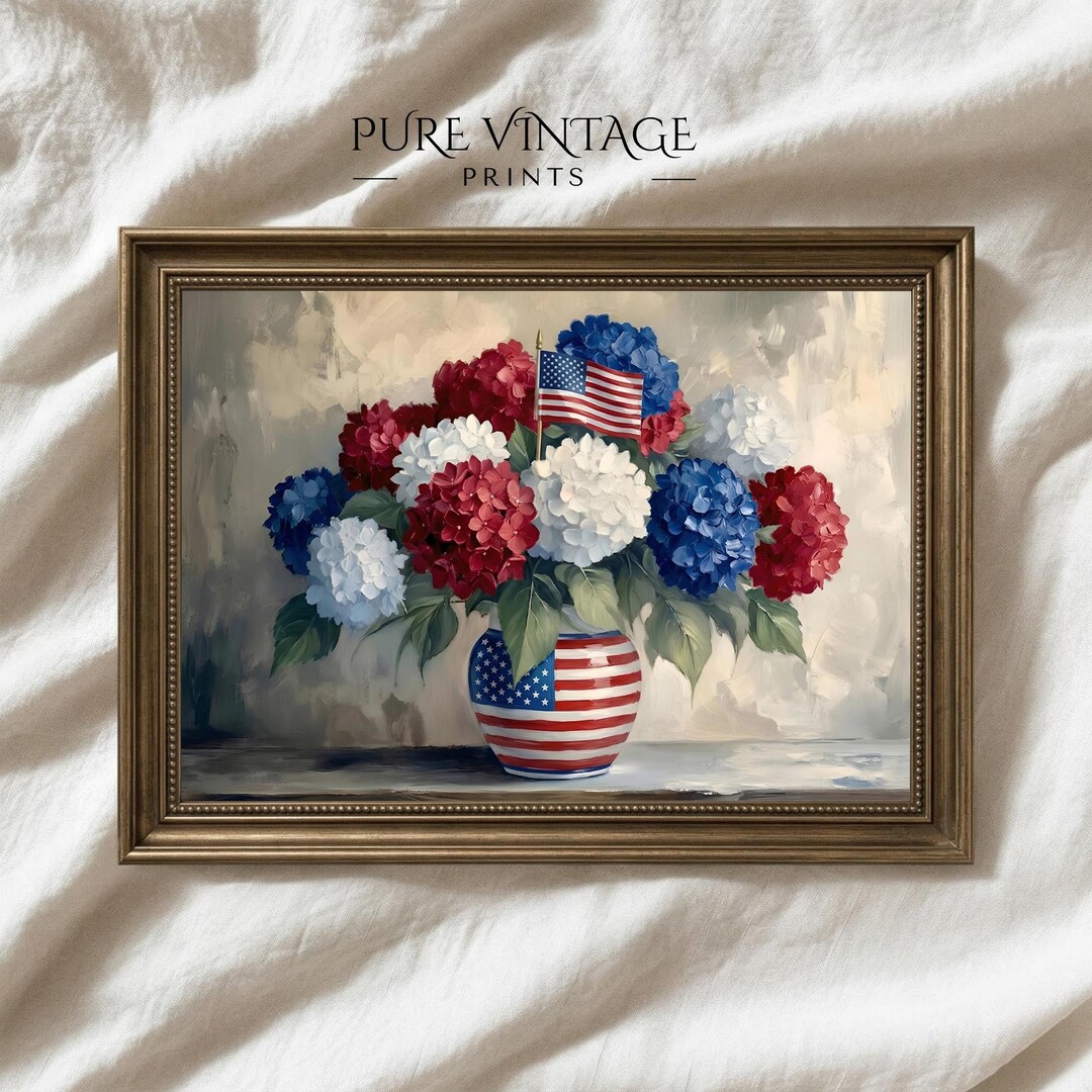 Vintage Patriotic Hydrangea Art Print: Red White & Blue Floral Still ...