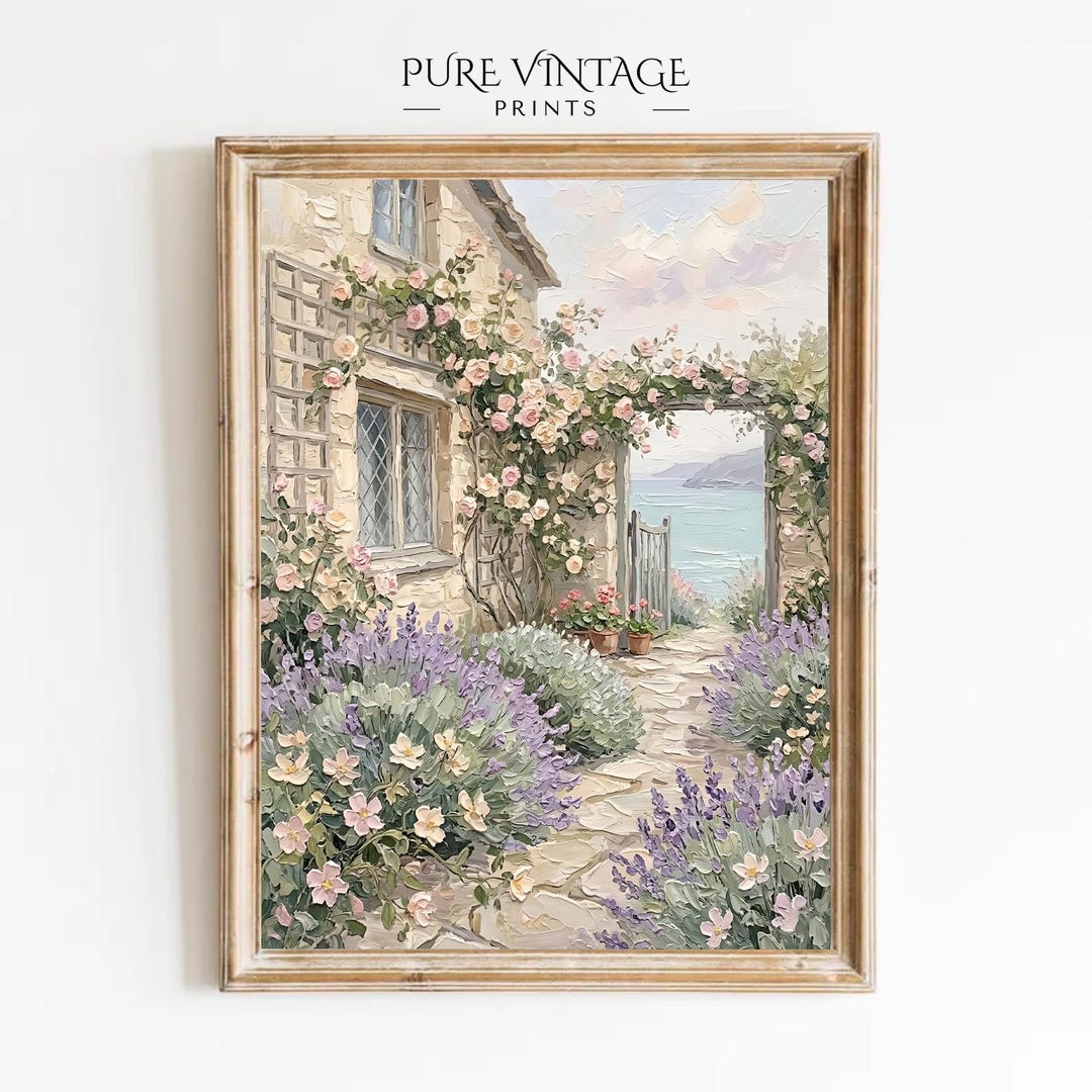 Coastal Cottage Garden Art Print: Neutral Summer Landscape Painting ...