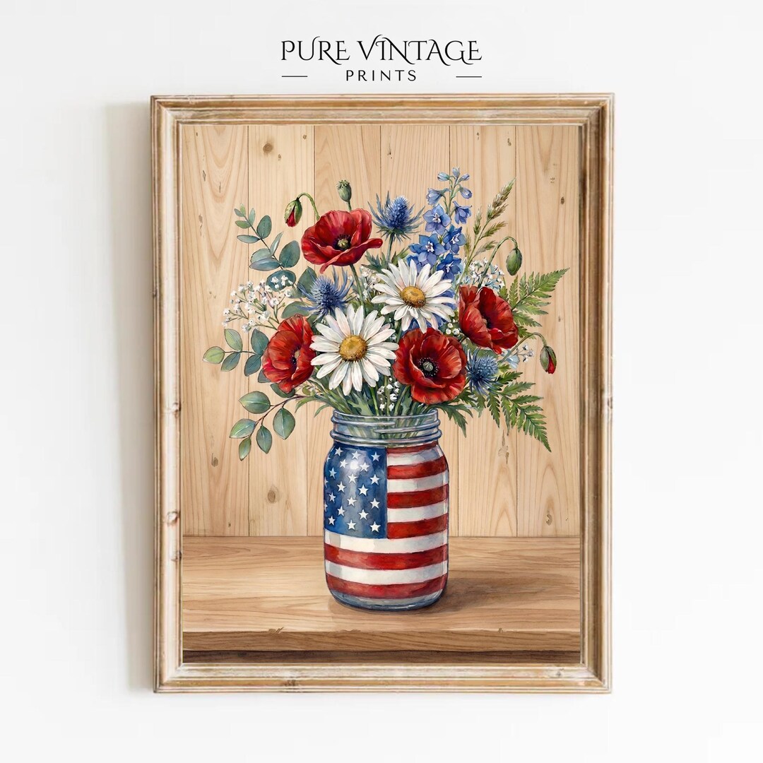 Watercolor Floral Forth of July Wall Art Print: 4th of July Printable ...