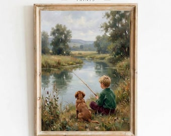 Impresión vintage de niño pescando con perro / Arte de pared rústico de cabaña junto al lago / Descarga digital / Decoración retro de casa de lago / Arte antiguo para habitación infantil