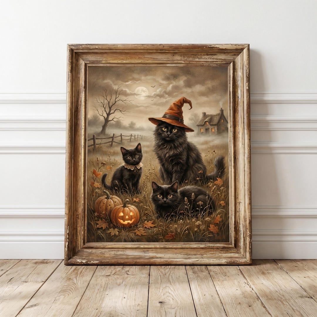 Vintage Halloween Black Cat Wall Art, Witch Cat & Pumpkin Print, Rustic ...