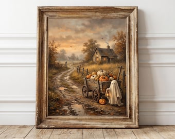 Sztuka ścienna w stylu vintage z duchami na Halloween, wydruk z jesiennym krajobrazem w kształcie dyni, dekoracje na Halloween w stylu Cottagecore, rustykalna sztuka do druku na jesień