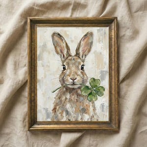 May include: A framed painting of a rabbit holding a green four-leaf clover. The rabbit has brown and gray fur, with long ears and a sweet expression. The background is a textured, neutral color. The frame is gold.