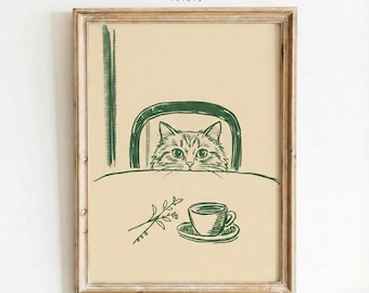 Sneaky Cat Kitchen Print Abstract Coffee Wall Art Funny Diner Decor Modern Animal Sketch Breakfast Poster Digital download print