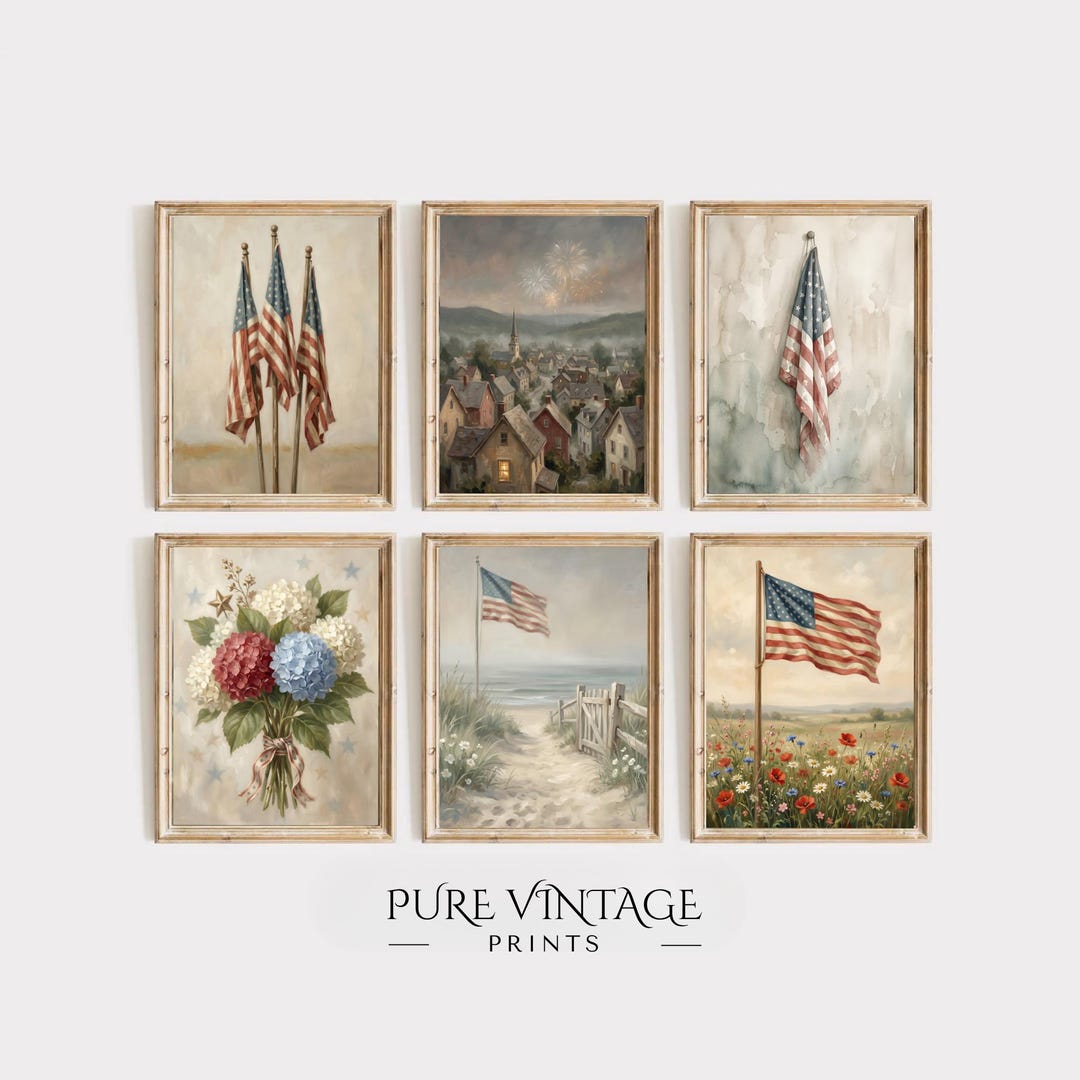 Patriotic Printable Wall Art Set of 6: Vintage American Flag Prints ...