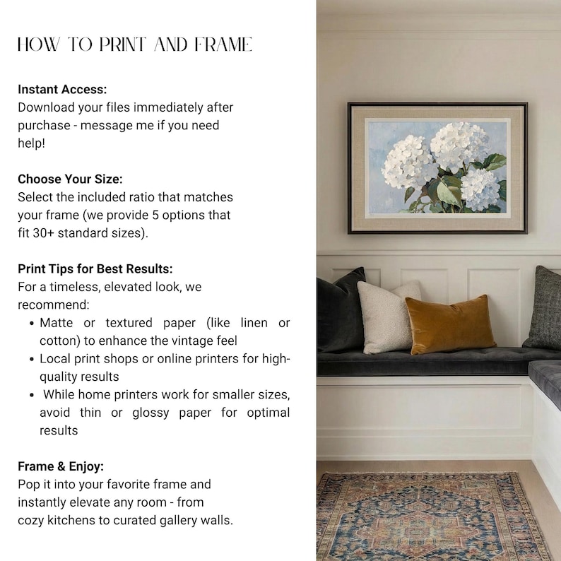 Puede incluir: Una impresi&oacute;n floral enmarcada con hortensias blancas sobre un fondo azul claro. La obra de arte se muestra encima de un banco empotrado con cojines. El texto en la parte superior dice "HOW TO PRINT AND FRAME".