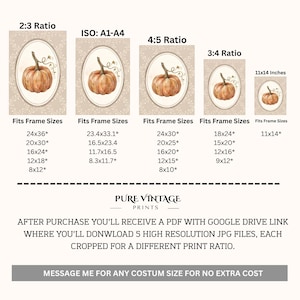 Puede incluir: Una impresi&oacute;n de arte digital con una calabaza en acuarela dentro de un marco ovalado sobre un fondo beige. La imagen muestra cinco relaciones de aspecto diferentes y los tama&ntilde;os de marco correspondientes en pulgadas: 24x36, 23.4x33.1, 24x30, 18x24 y 11x14.