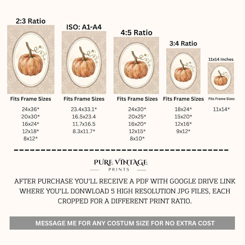 Puede incluir: Una impresi&oacute;n de arte digital con una calabaza en acuarela dentro de un marco ovalado sobre un fondo beige. La imagen muestra cinco relaciones de aspecto diferentes y los tama&ntilde;os de marco correspondientes en pulgadas: 24x36, 23.4x33.1, 24x30, 18x24 y 11x14.