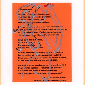 Peut inclure: Une impression rectangulaire orange avec du texte noir en français et un dessin au trait gris stylisé représentant une silhouette. Le texte inclut le titre Indépendante, l'auteure Marie-Christine Ghelfi et le site McPeintureEtReel-Etsy.com.