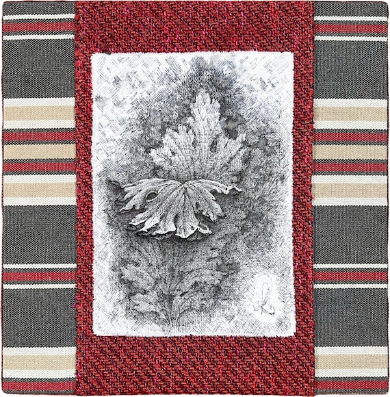 Black and white drawing with embroidery