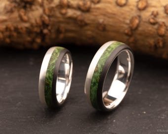 Partnerringe aus Carbon, Silber & Holz – Ahorn grün | Handgemachte Ringe für Paare | Unisex Trauringe, Verlobungsringe, Eheringe