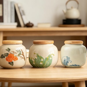 May include: Three ceramic storage jars with light wooden lids. The first jar features orange persimmons, the second displays white lily of the valley flowers with green leaves, and the third shows a blue wave pattern on a pale background.