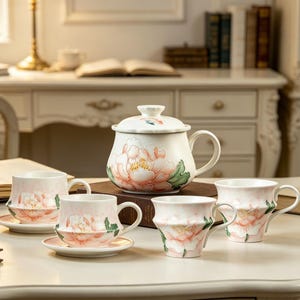 May include: A ceramic tea set featuring a lidded teapot and three matching cups with saucers. Each piece is decorated with a large, soft pink peony flower design with green leaves against a cream-colored background and a curved handle.