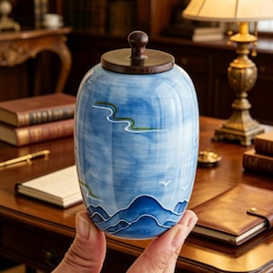 Hand-Painted Blue Mountain Landscape Ceramic Storage Jar, Wooden Knob Sealed Tea Canister, Custom Kitchen Decor Gift Coffee, cookie jar