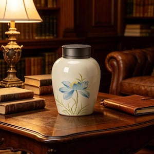 Hand-Painted White Iris Floral Ceramic Tea Canister, Small Sealed Household Tea Storage Jar , Oriental Floral Kitchen Decor & Tea Lover Gift