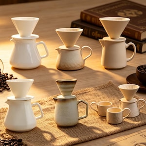 Puede incluir: Una colección de juegos de café de cerámica y tazas pequeñas en varios tonos de blanco y beige. Cada juego consta de una jarra con asa y un gotero cónico a juego. Los artículos presentan acabados tanto lisos como texturizados.