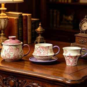 Nine-Tailed Fox Hand Drawn Porcelain Tea Cup with Filter Infuser, Vintage Floral Ceramic Steeping Mug for  Tea Flower tea, coffee
