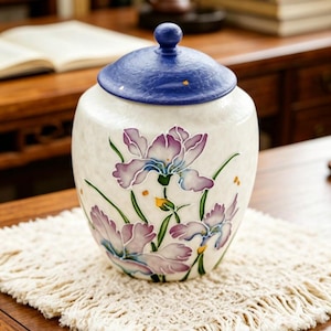 May include: A ceramic jar with a white, textured body featuring hand-painted purple and light blue iris flowers with green stems. The jar includes a removable, rounded lid in a deep blue color with a textured finish and a small knob handle.