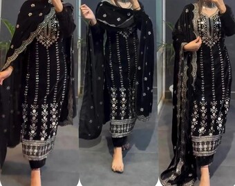Salwar Kameez de terciopelo bordado con dupatta, vestido de novia indio