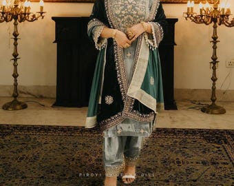 Embroidered Velvet Kurta Set with Dupatta | Indian Wedding Outfit