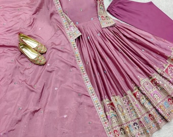 Pink Cinon Silk Anarkali Dress with Embroidered Dupatta | Indian Gown