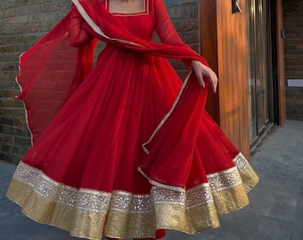 Red Embroidered Anarkali Suit Set with Dupatta | Indian Ethnic Wear for Women | Festive Wedding Party Outfit | Traditional Salwar Kameez.