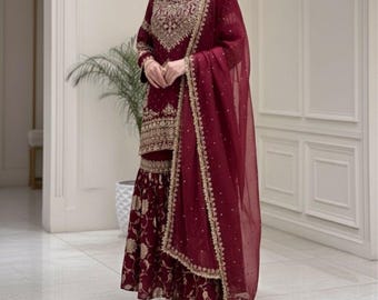 Red Embroidered Sharara Suit | Indian Wedding Outfit with Dupatta