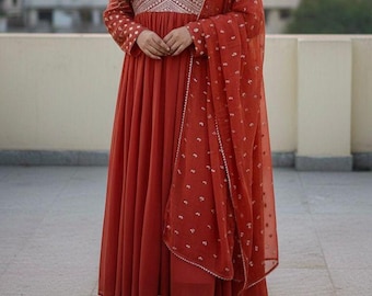 Orange Embroidered Anarkali Suit with Dupatta | Indian Ethnic Wear for Women | Festive Wedding Party Outfit | Traditional Anarkali Dress.