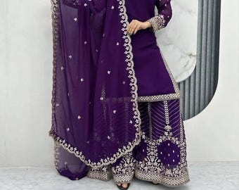 Purple Sharara Palazzo Suit, Sequence Embroidery, Sangeet Party Wear