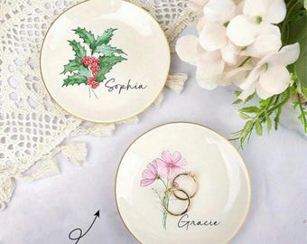 Gepersonaliseerde geboortebloem sieraden schaal | Decoratief bord met aangepaste naam | Maandelijks bloemontwerpcadeau