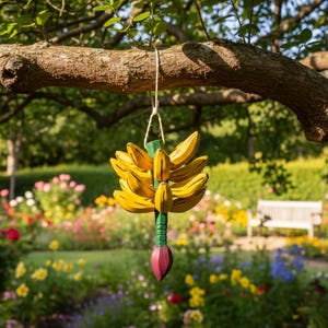 Puede incluir: Un racimo de plátanos de madera colgando de una rama de árbol. Los plátanos están pintados de amarillo con detalles negros, el tallo es verde y la parte inferior es de color rosa rojizo. El fondo es un jardín colorido.