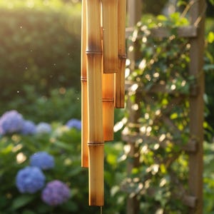 May include: A bamboo wind chime with a wooden top and a wooden wind catcher. The wind chime has multiple bamboo tubes of varying lengths, suspended from a dark brown wooden top. The background features a garden with flowers and greenery.