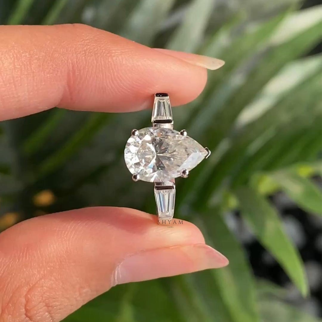 Pear Cut Moissanite Engagement Ring, Tapered Baguette Side Stones Three ...
