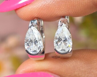 Pear Shape White Gold Hoop Moissanite Diamond Earrings, Teardrop Studs Chunky Earring For Woman